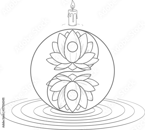 Vector art of harmony and balance with lotus flowers, yin yang, and candle