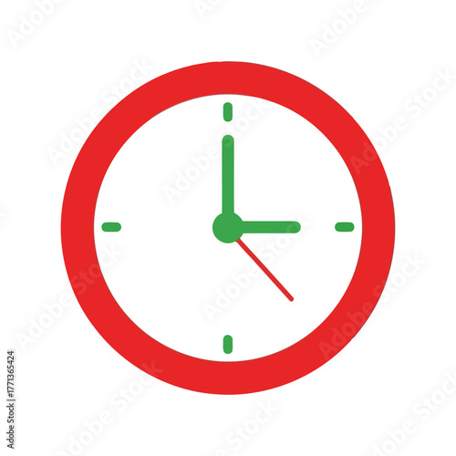 Modern clock face minimalist design time display red circle hands vector