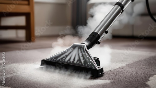 Steam cleaner head spraying steam onto a carpet for deep cleaning.