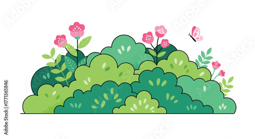 Stylized depiction of a lush green hedge with vibrant pink flowers, showcasing nature's beauty and a butterfly
