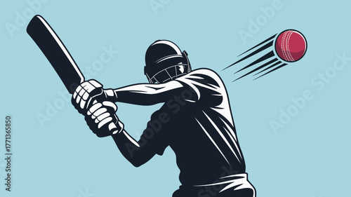 A cricket player in silhouette hitting a red ball with a bat against a light blue background design art