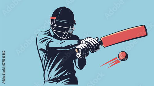 Illustration of a batsman hitting a cricket ball with a bat wearing a helmet and gloves on blue background