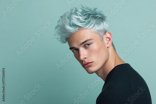 Stylish portrait of man with icy pastel blue textured hairstyle on mint background