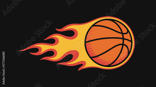 A cartoon basketball engulfed in flames against a solid black background illustration style image