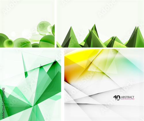 Four abstract backgrounds. Green, yellow hues dominate. Geometric shapes, triangles, circles present modern designs. Bright, vibrant visuals.
