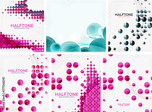 Abstract backgrounds, vibrant colors, geometric patterns, halftone effects. Modern designs suitable for digital projects.