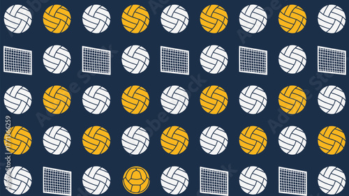 Pattern of water polo balls and goals on a dark blue background arranged in a repeating grid design