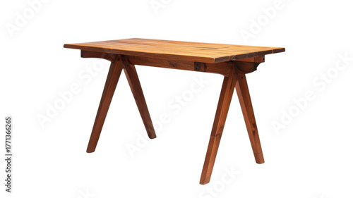 A simple wooden trestle table on transparent background