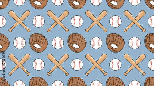 A repeating pattern of baseballs bats and gloves on a light blue background sports themed illustration