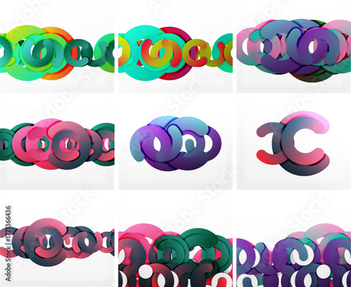 Colorful overlapping circles create abstract designs. Variations showcase different arrangements, hues, depths. Modern, vibrant visuals.