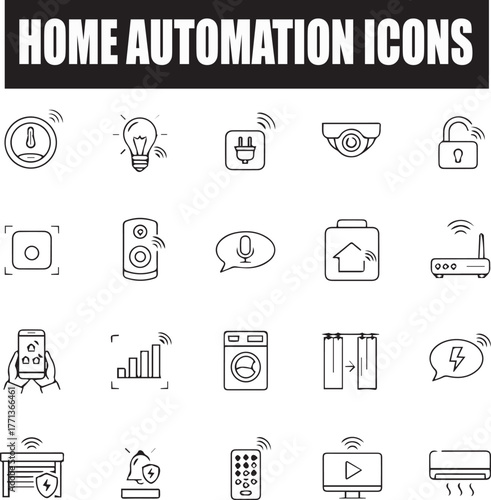 Home Automation Line Icons Set – Smart Home Devices and IoT Technology in Modern Outline Style.