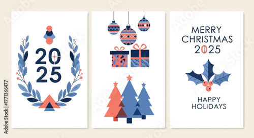 Christmas Card Designs 2025 Festive Greetings with Geometric Trees, Gifts, and Floral Elements