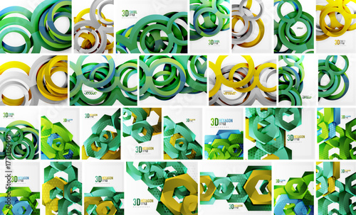 Abstract designs, vibrant colors, geometric shapes. Modern layouts, glossy textures, dynamic compositions. Includes text elements, gradients, depth.