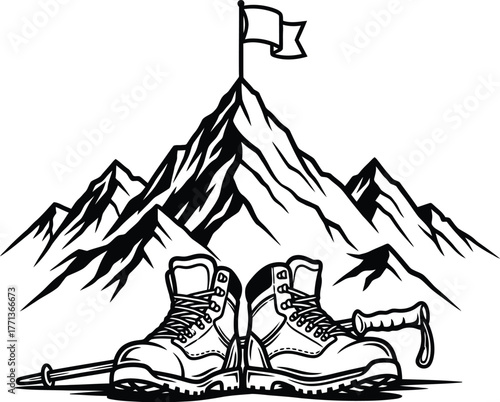 Vector art of hiking boots with trekking poles and flag on top of the mountain peak