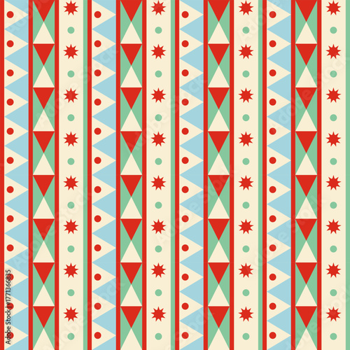 Colorful Retro Christmas Geometric Background. Abstract Striped Seamless Pattern. Season Greetings Festive Wallpaper.
