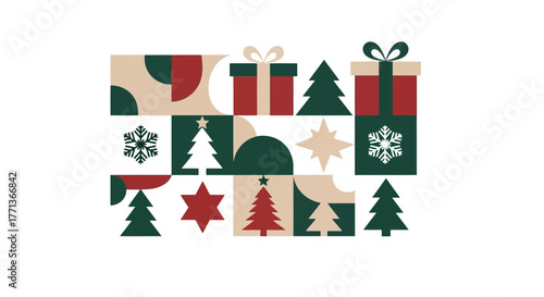 Festive Geometric Christmas Illustration with Gift Boxes, Trees, and Snowflake Elements for Holiday Design