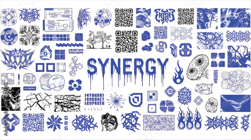 A vibrant collage of abstract blue and black symbols, icons, and logos arranged on a clean, creating a visually striking and modern design