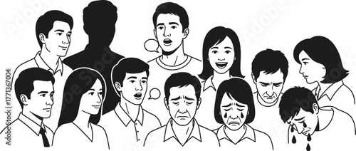People emotions expression feelings happy sad crying talking diverse