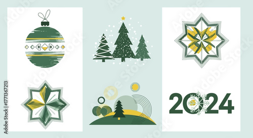 Festive Christmas and New Year Holiday Card Designs Modern Graphic Illustrations for 2024