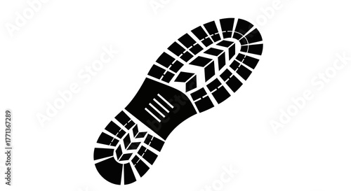 A black boot print with various geometric tread patterns including blocks lines and curves