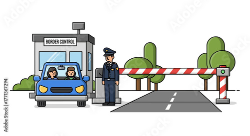 A border control scene shows a car a security booth a guard a barrier and some trees