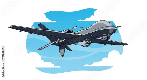 A grey drone flies against a blue sky with fluffy white clouds