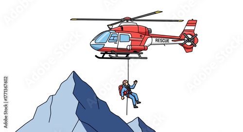 A rescue helicopter hovers near a snowy mountain retrieving a climber with a rope