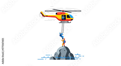 A red and yellow helicopter lowers a ladder to rescue two people stranded on a small rock surrounded by water