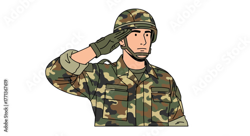 A saluting soldier in camo uniform and helmet against a white background