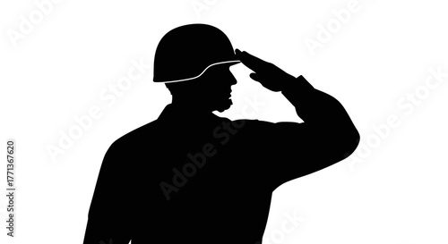 A silhouette of a soldier wearing a helmet and saluting