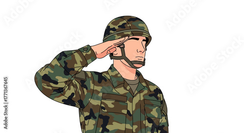 A soldier in camouflage uniform salutes wearing a helmet against a white background