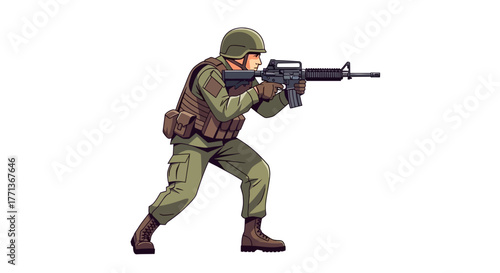 A soldier in combat gear aims a rifle ready for action