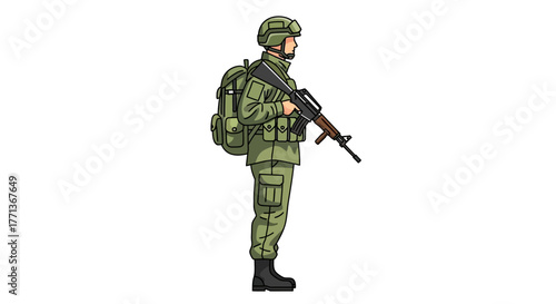 A soldier in green fatigues stands holding a rifle with a backpack and helmet