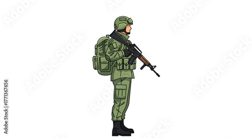 A soldier in green uniform stands holding a rifle wearing a helmet and backpack