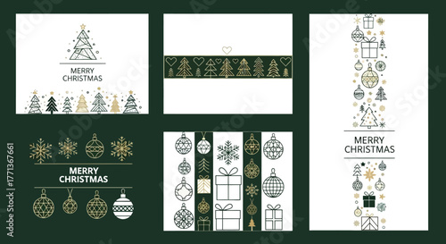 Elegant Christmas Greeting Cards with Festive Illustrations in Green and Gold