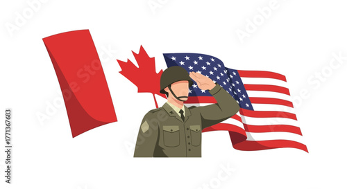 A soldier salutes between the American and Canadian flags