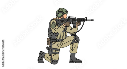 A soldier kneeling aiming a rifle clad in military gear