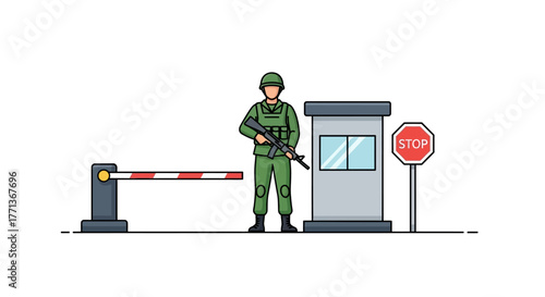 A soldier stands guard at a checkpoint with a booth stop sign and barrier