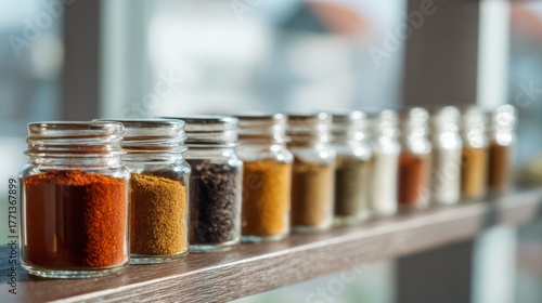 Fototapeta Naklejka Na Ścianę i Meble -  Glass spice jars with various colorful ground spices lined up on sunny windowsill