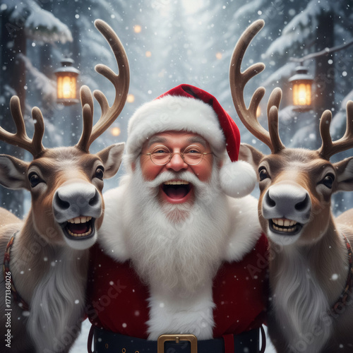 close up of a joyous santa claus and two laughing reindeer in a winter forest