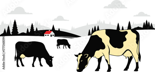 Black and white cows grazing in field vector art illustration