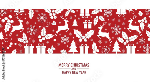 Festive Christmas Banner Deer, Snowflakes, and Holiday Elements in a Repeating Pattern with a Greeting