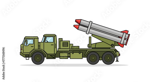 An army truck fitted with two elevated missiles colored green red and gray is displayed on a white background