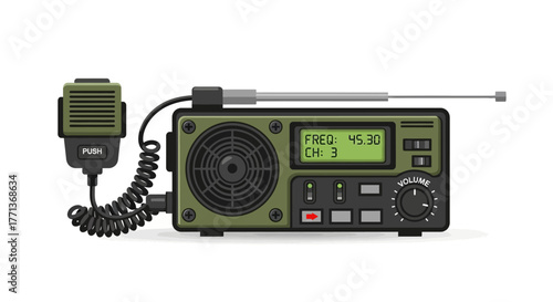 An olivegreen radio with a mic is set against a white backdrop focusing on frequencychannel display  volume knob