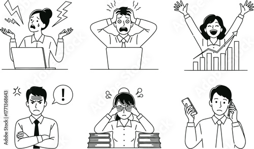 Various business emotions stress success anger frustration phone call