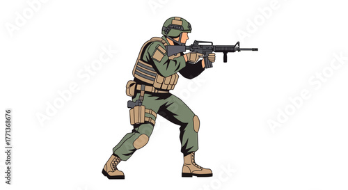 Animated soldier aims an assault rifle wearing helmet vest green uniform and boots against a white background