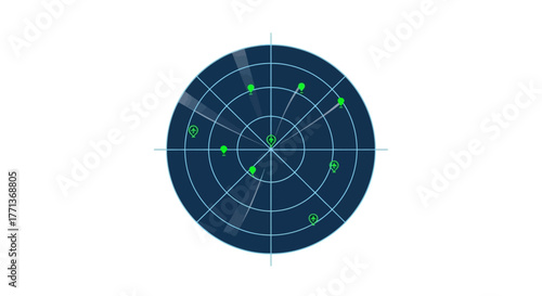Blue circular radar display with bright green markers lines and airplane symbols