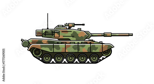 Camouflaged tank with a long barrel featuring green brown and black spots on its armored body