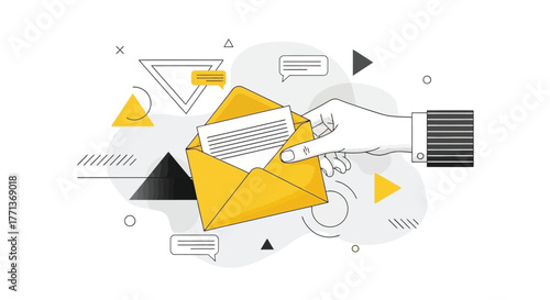 Email Marketing Concept Hand Opening Envelope with Message, Modern Graphic Design