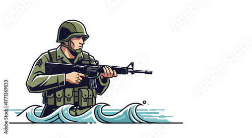 Cartoonstyle soldier in a helmet and gear stands in water holding a rifle facing left